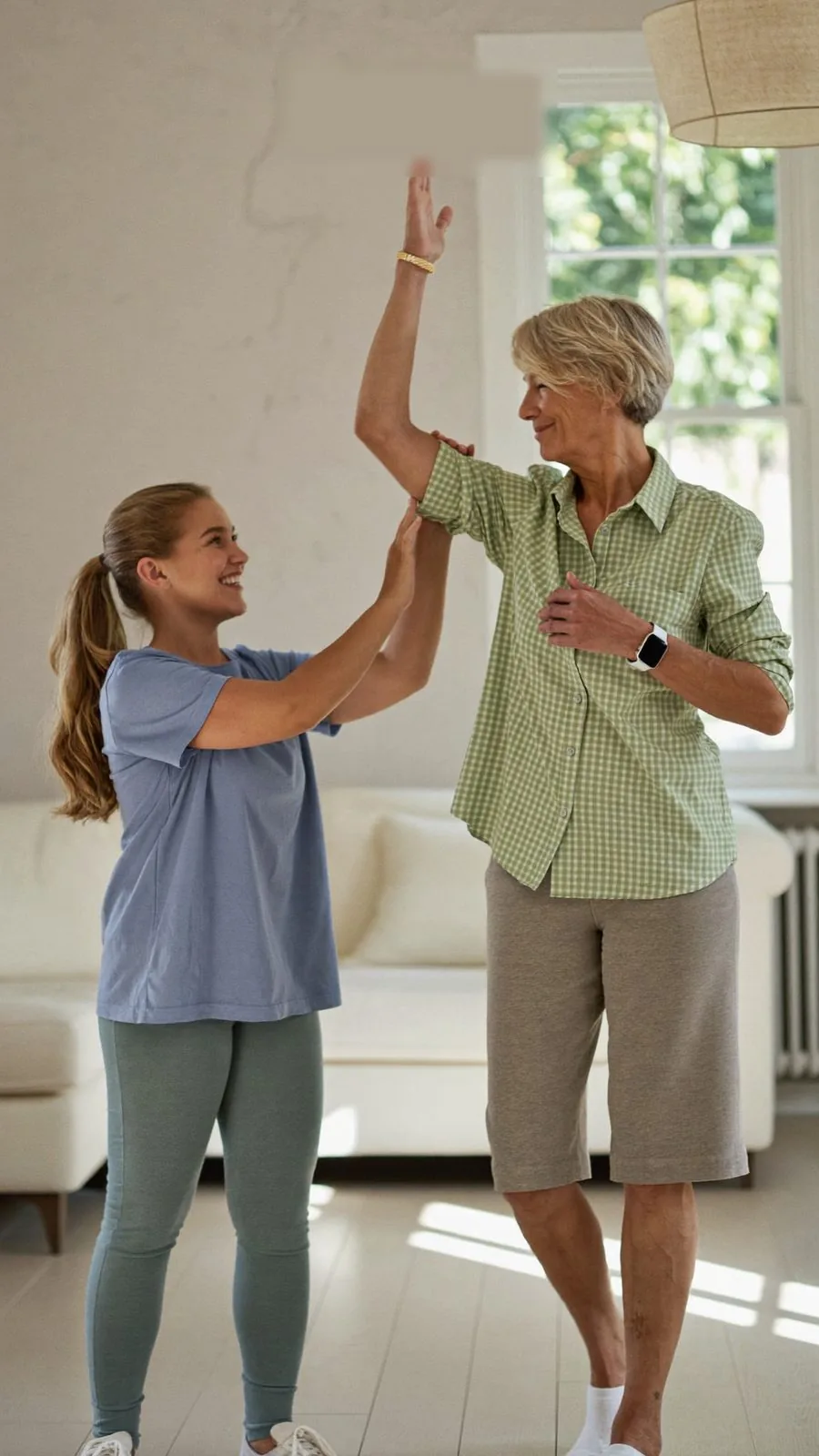 A daughter encouraging her mother during a balance exercise